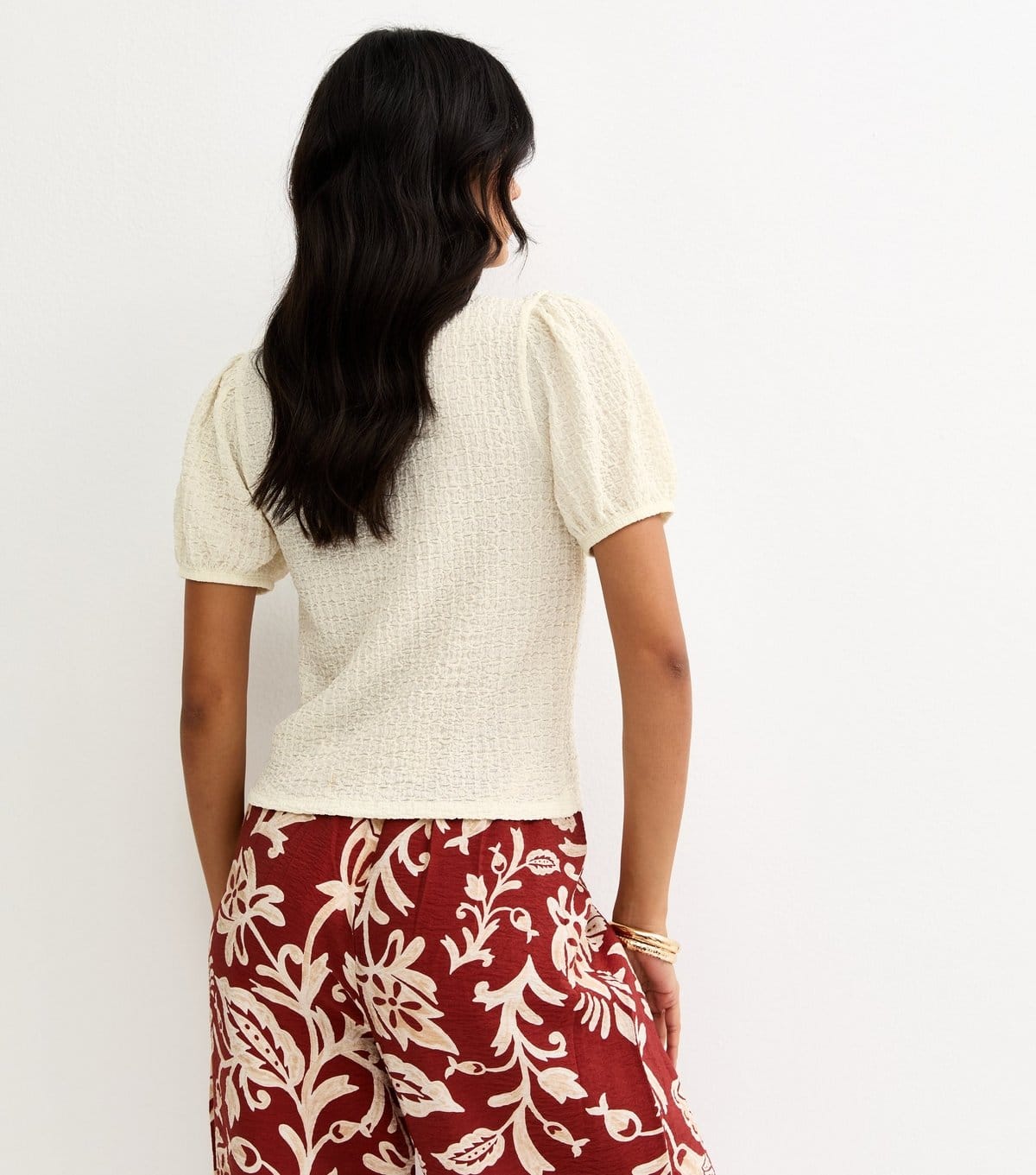 New Look Women's White Textured Tie Front Puff Sleeve Top New Look - 4