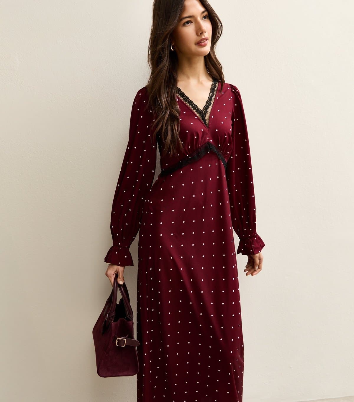 New Look Women's Red Polka Dot Lace Neck Midi Dress New Look