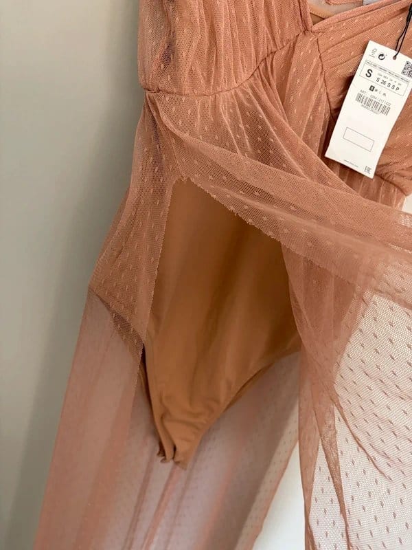 Zara Nude Apricot Dotted Tulle Maxi Dress Bodysuit