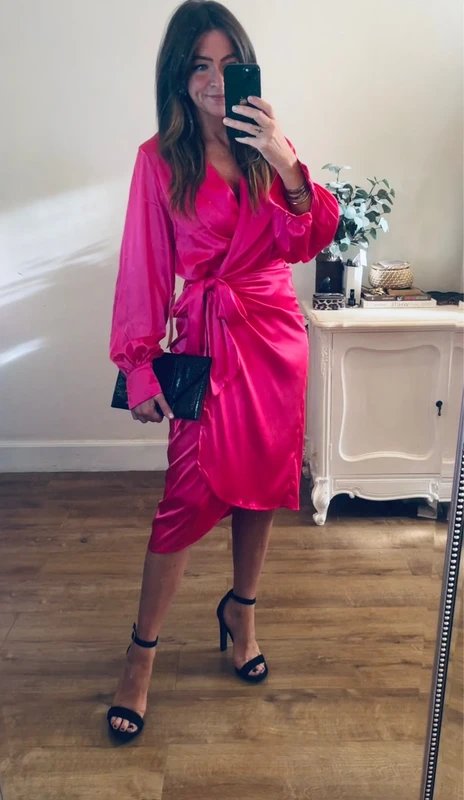 Never Fully Dressed Never Fully Dressed pink satin puff sleeve wrap midi dress size 10 - 1