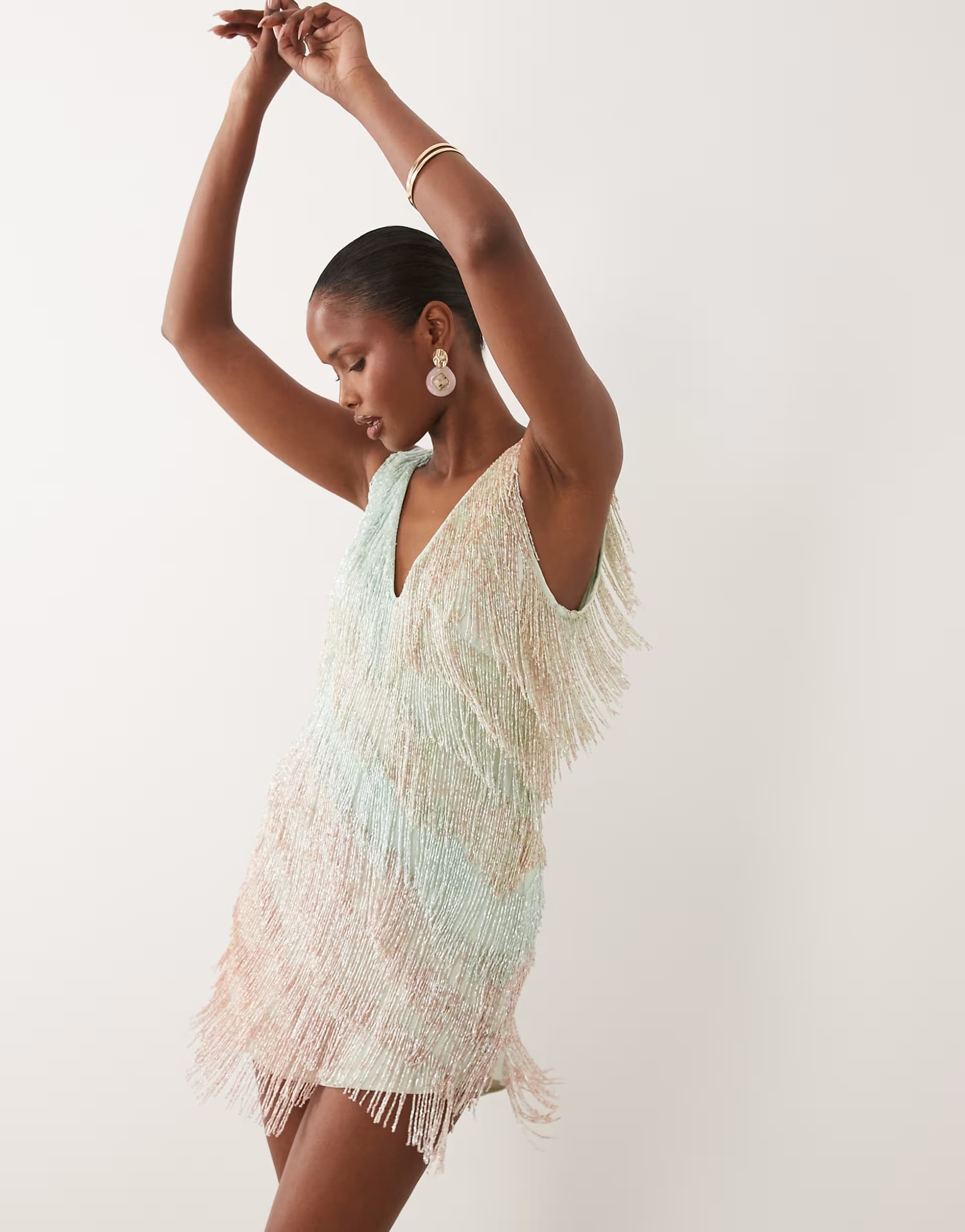 ASOS ASOS DESIGN embellished fringe v neck mini dress in turquoise