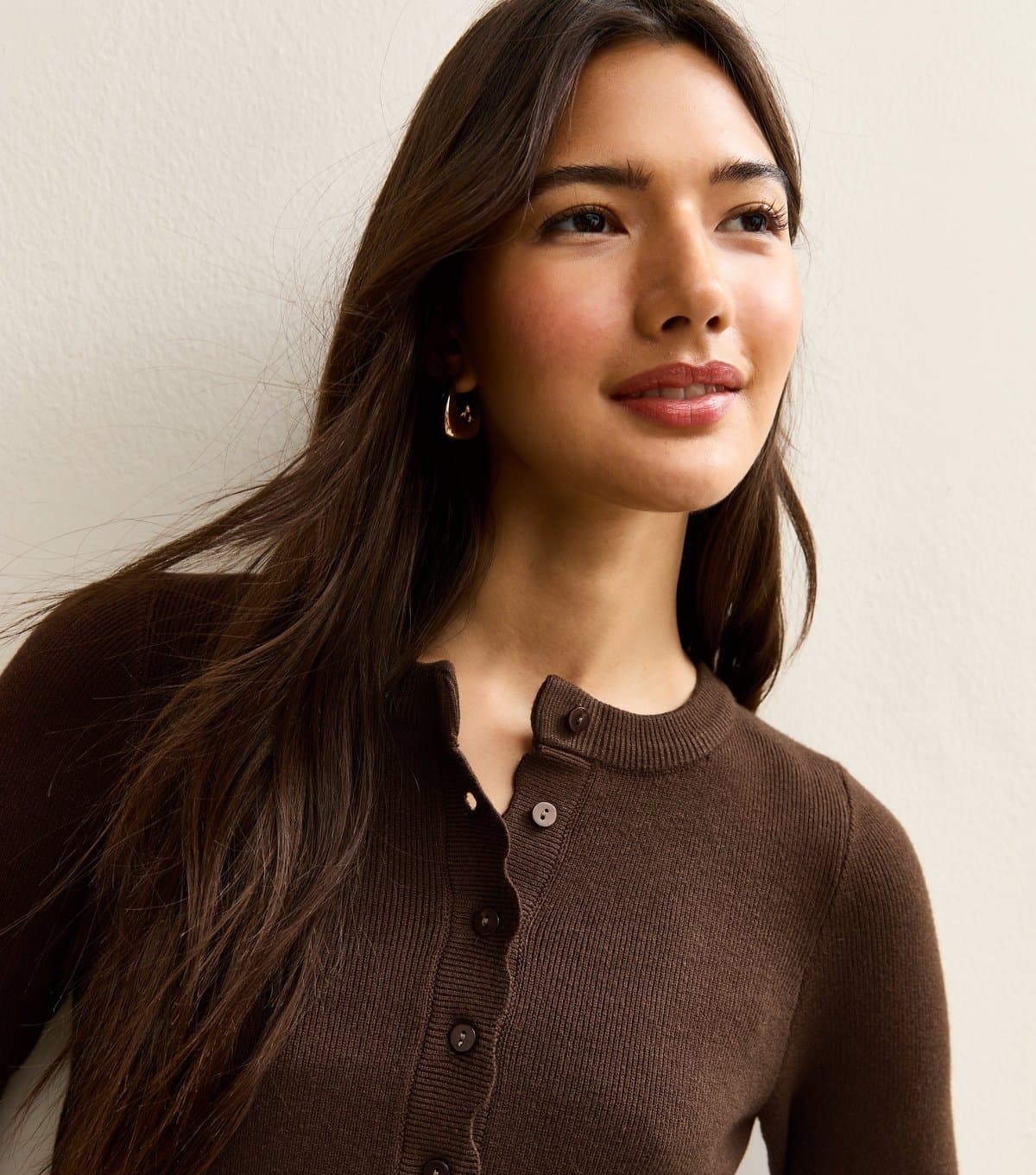 New Look Women's Brown Scalloped Trim Compact Knit Cardigan New Look