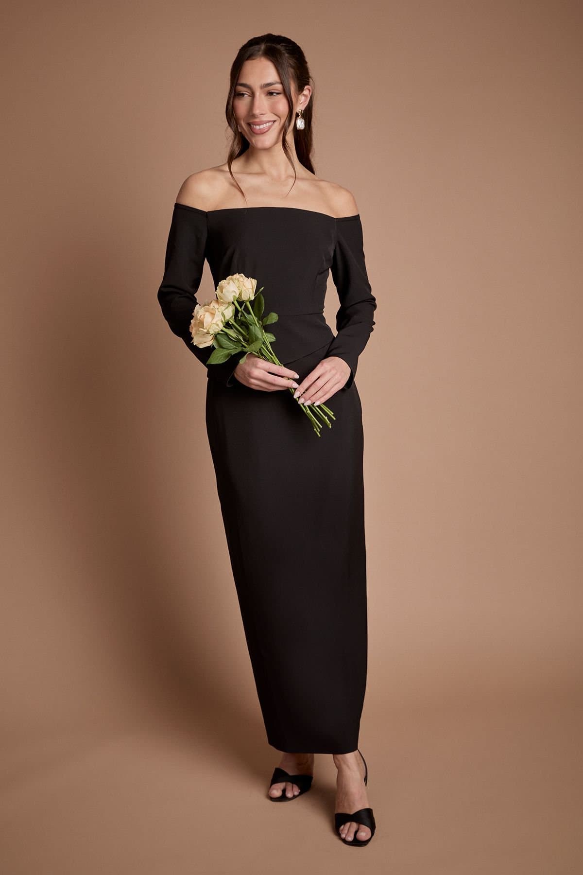 Coast Coast Women's Crepe Bardot Long Sleeve Bridesmaid Maxi Dress in Black