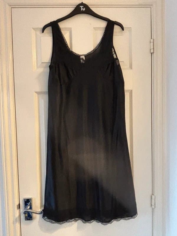 Marlon Vintage Black Silky Full Slip - Lace Trim Chemise Lingerie Nightdress  Size 14
