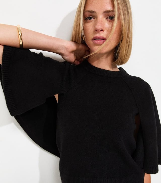 New Look Women's Black Knitted Cape Sleeve T-Shirt New Look - 2