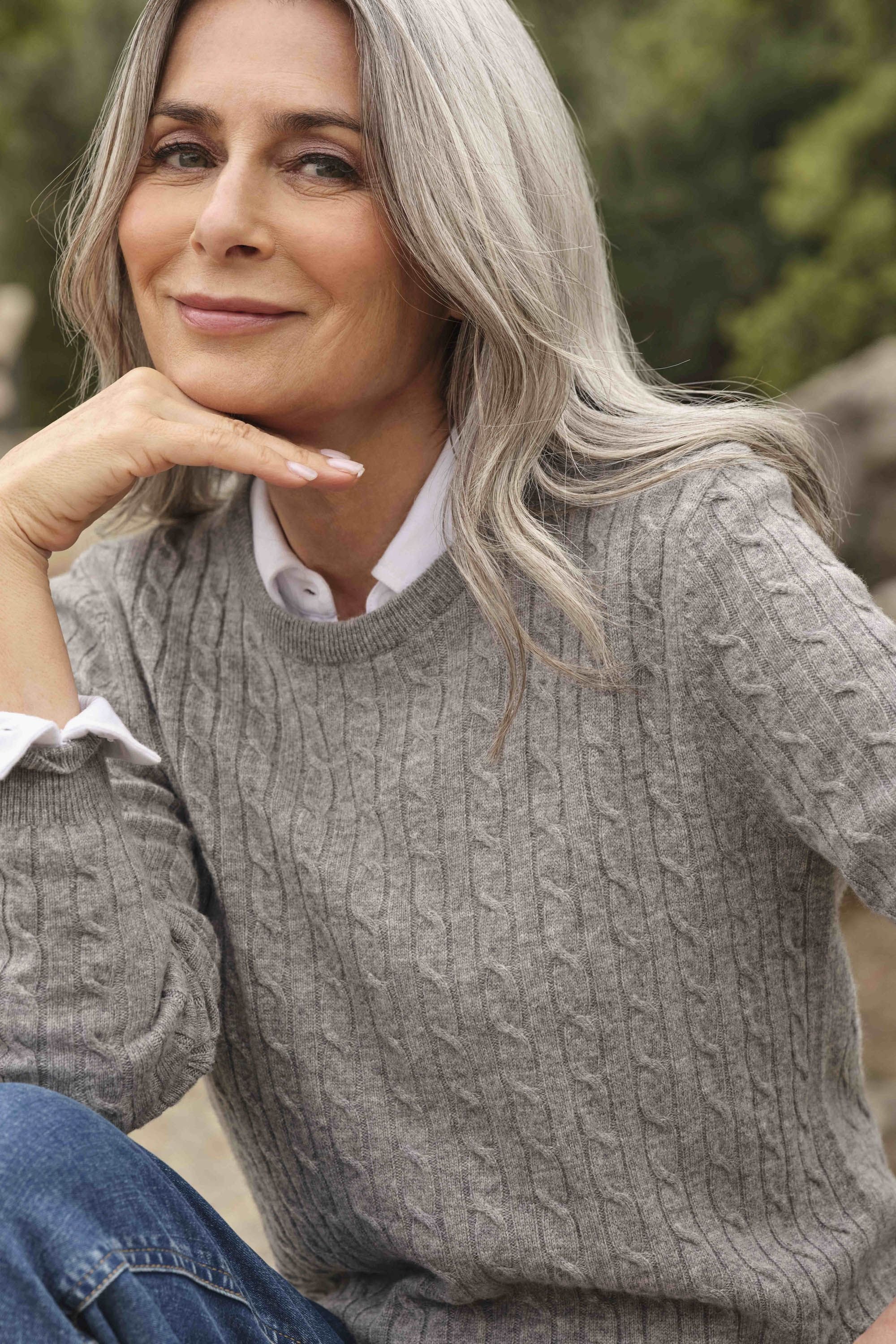 WoolOvers WoolOvers Women's Cashmere Merino Cable Crew Neck Jumper in Grey - 2