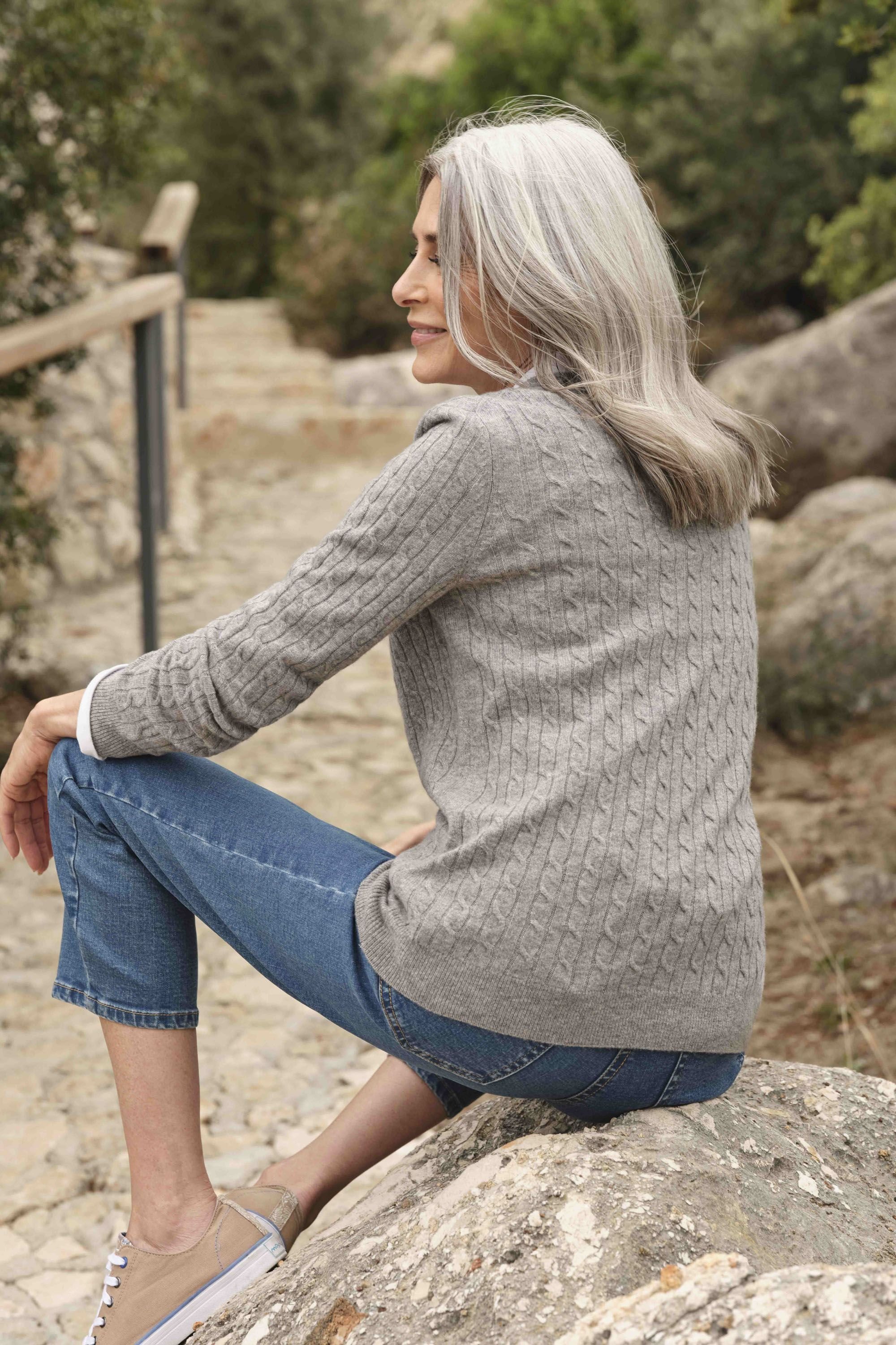 WoolOvers WoolOvers Women's Cashmere Merino Cable Crew Neck Jumper in Grey - 3