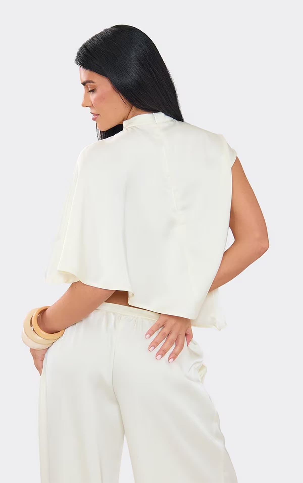 EGO High Neck One Shoulder Asymmetric Top In Cream Satin, Women's Size UK 6