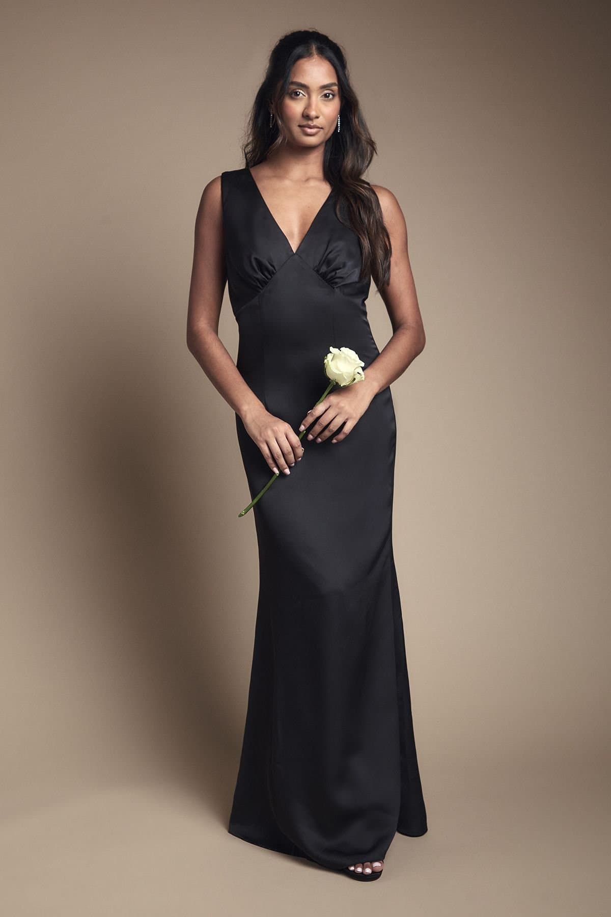 Coast Coast Women's Bow Back V Neck Satin Bridesmaid Dress in Black