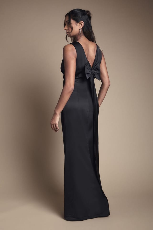 Coast Coast Women's Bow Back V Neck Satin Bridesmaid Dress in Black - 3
