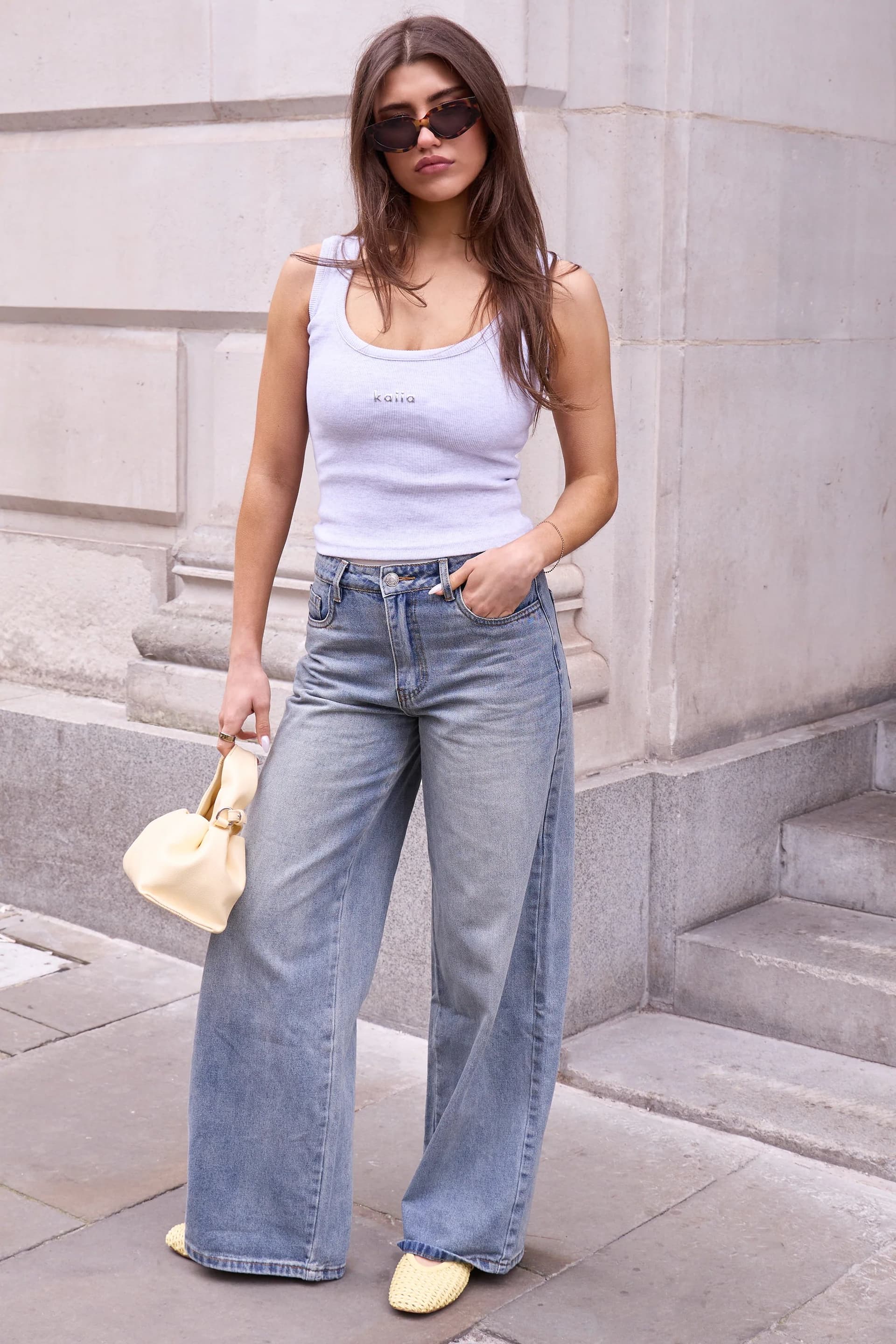 Kaiia Kaiia Denim Mid Rise Wide Leg Jeans Vintage Wash