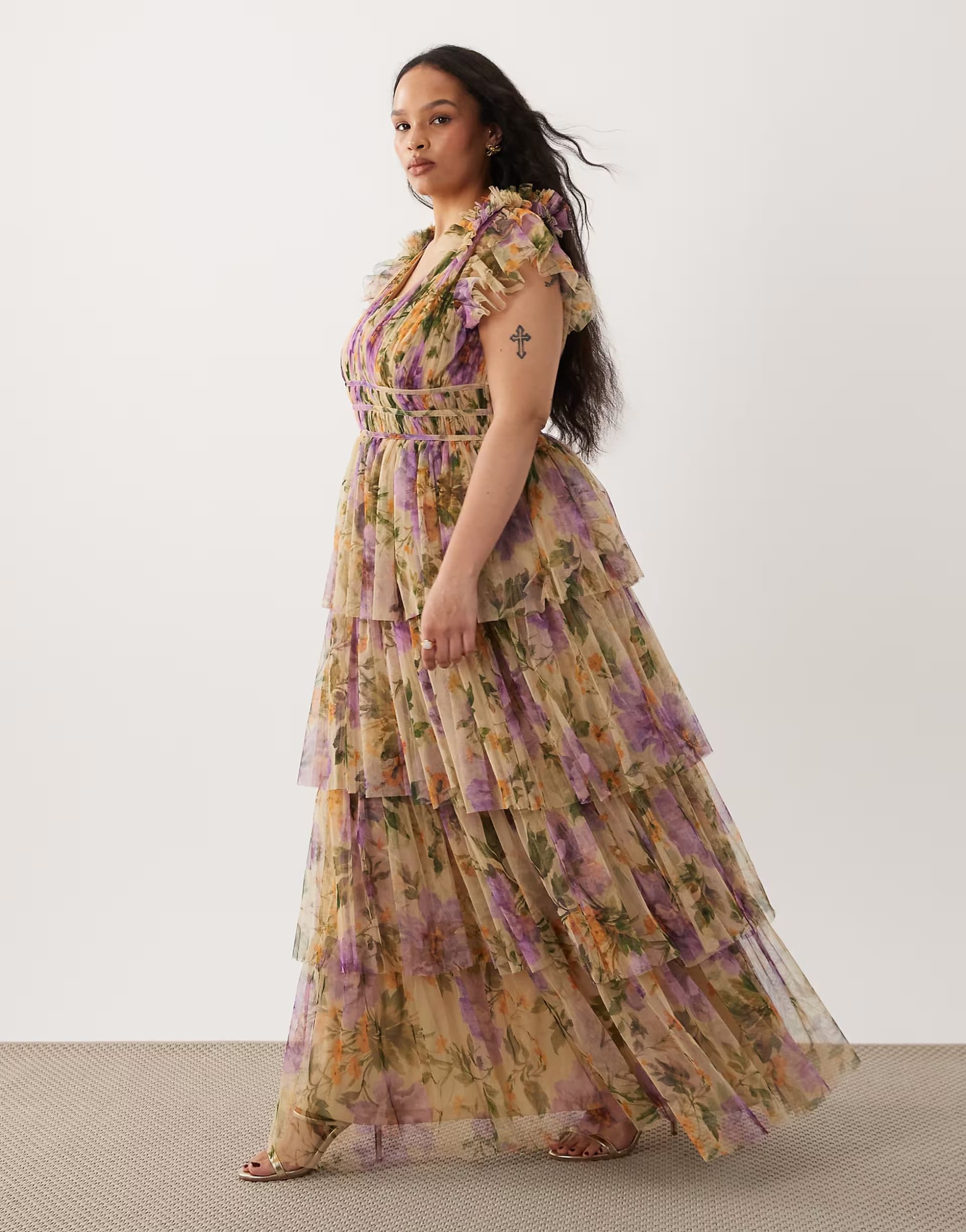 ASOS Lace & Beads Plus tulle ruffle shoulder plunge neck tiered maxi dress in yellow vintage floral