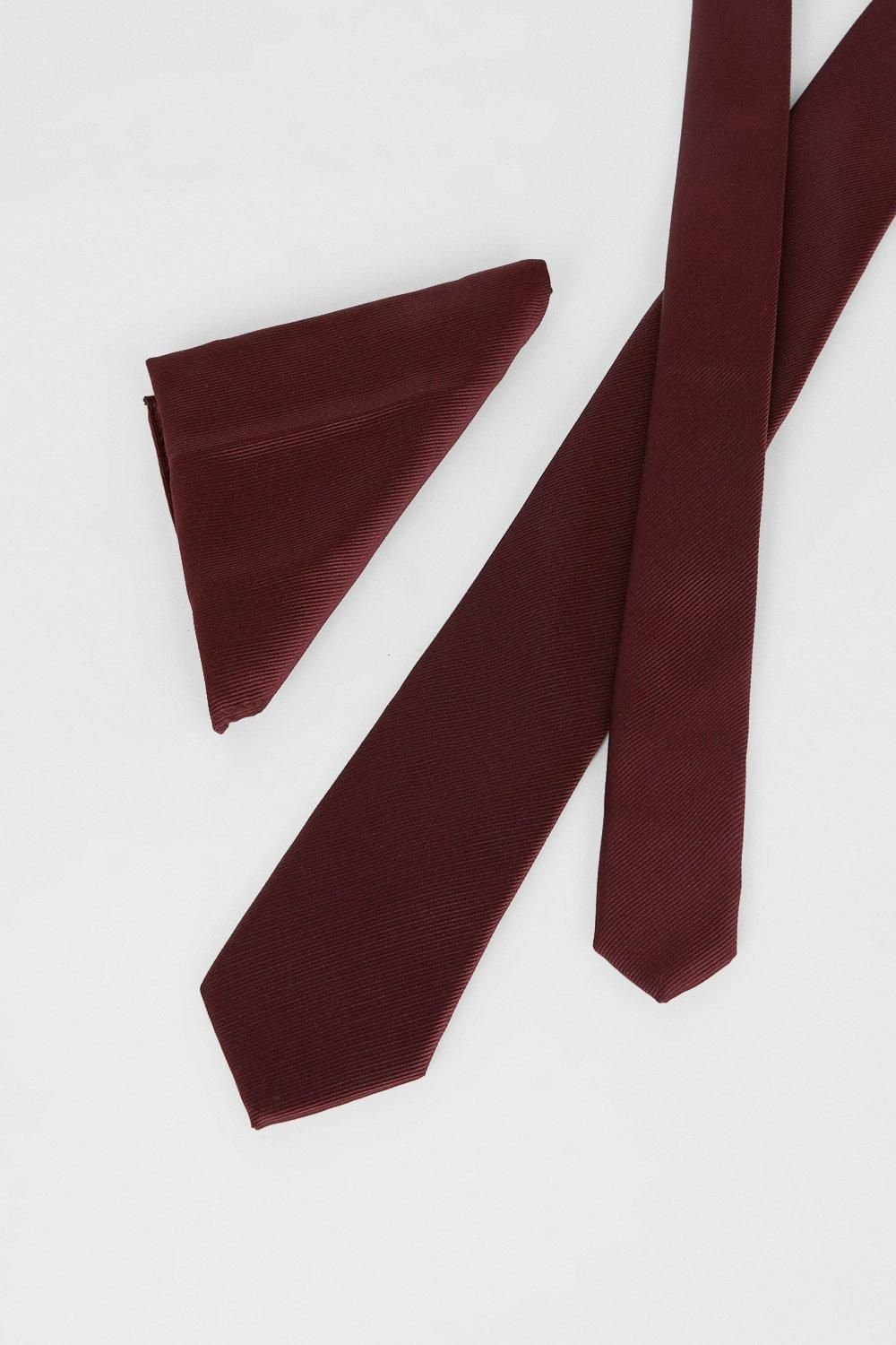 Burton Burton Men's Burgundy Plain Tie & Pocket Square Set - 3