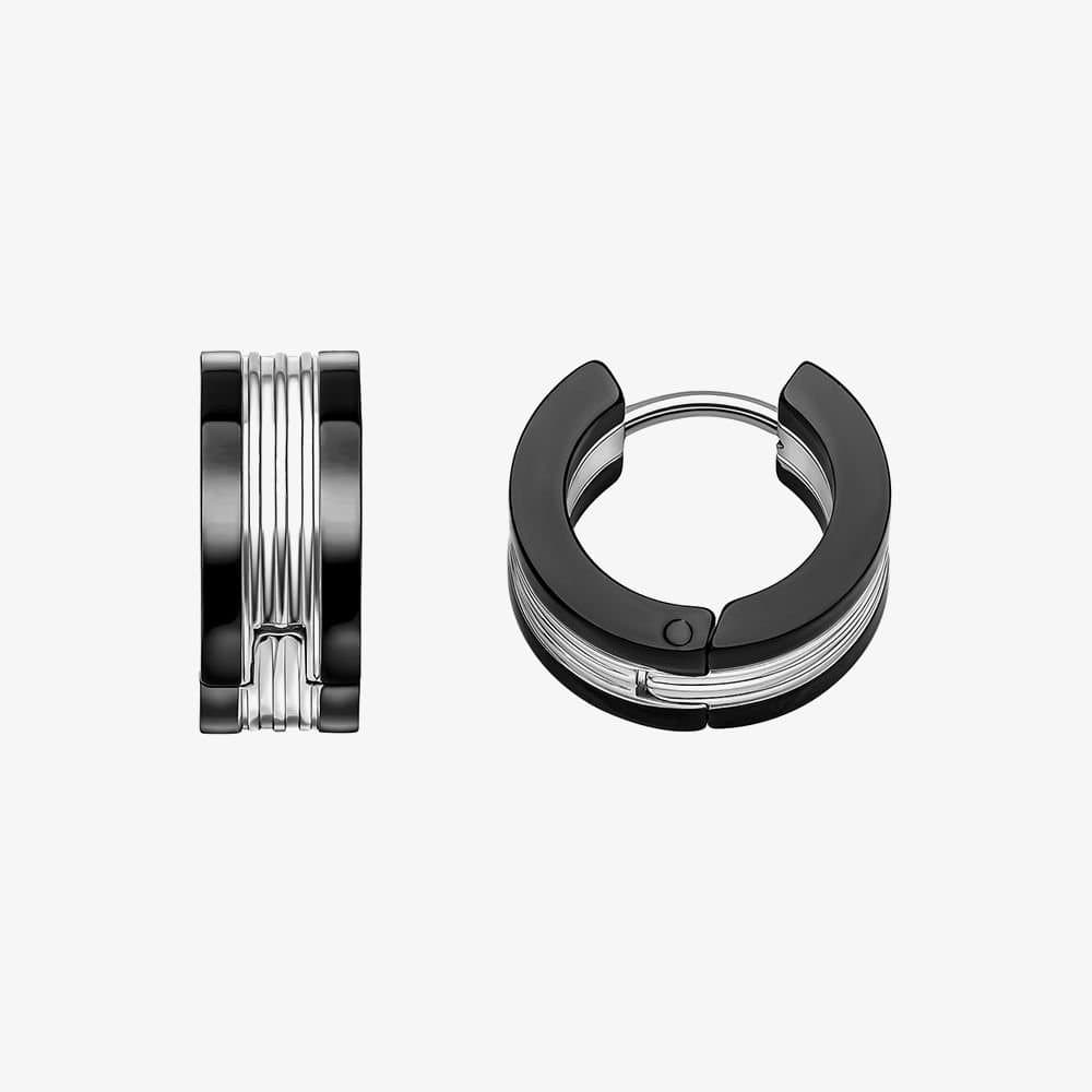 Fred Bennett Fred Bennett Men's Stainless Steel Black Stripe Huggie Hoop Earrings E6570B