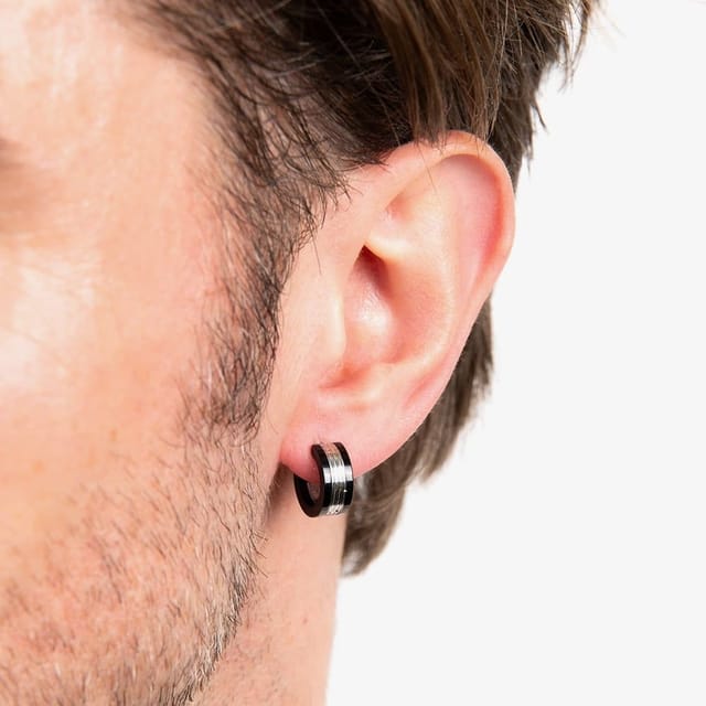 Fred Bennett Fred Bennett Men's Stainless Steel Black Stripe Huggie Hoop Earrings E6570B - 2