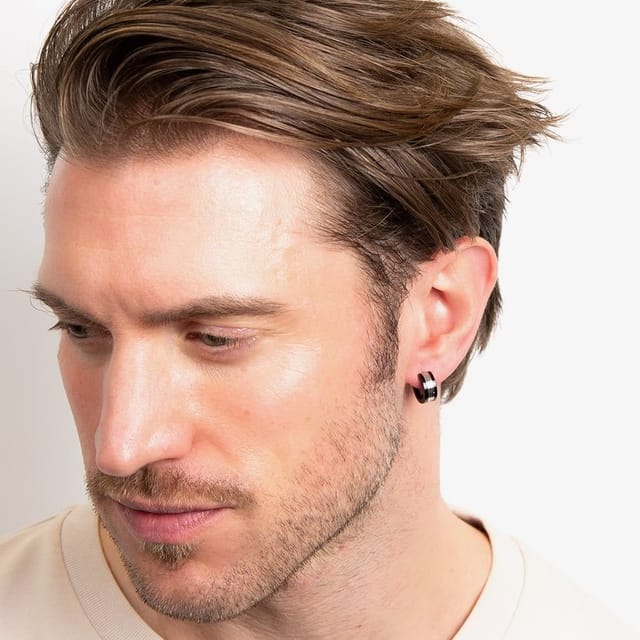 Fred Bennett Fred Bennett Men's Stainless Steel Black Stripe Huggie Hoop Earrings E6570B - 3