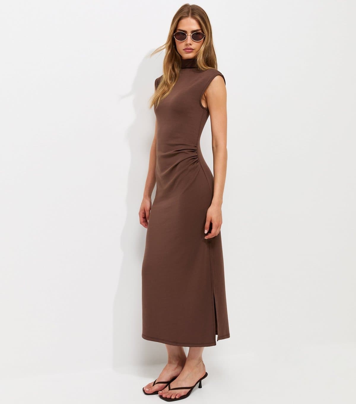 New Look Women's Dark Brown High Neck Ruched Sleeveless Midi Dress New Look