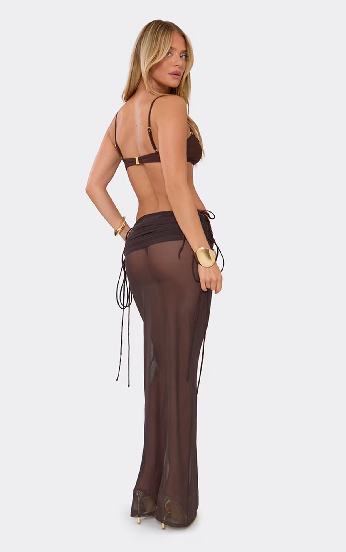 EGO Fold Over Ruched Maxi Skirt In Chocolate Brown, Women's Size UK 6