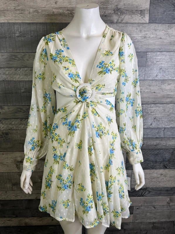 ASOS ASOS Design Mini Dress Size UK 10 Petite Ivory Blue Floral Long Sleeves Cut Out