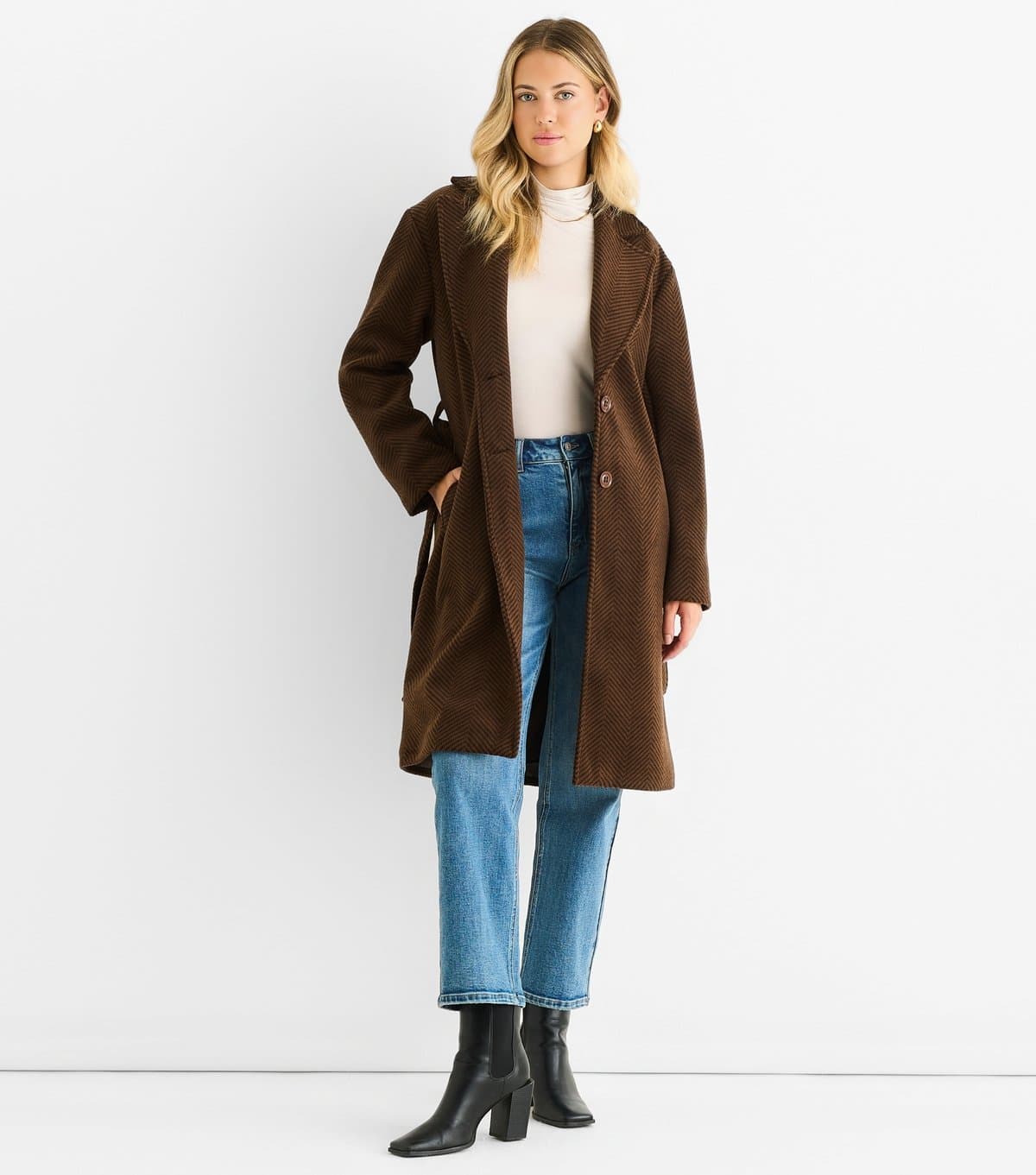 Gini London Women's Brown Chevron Longline Coat Gini London New Look