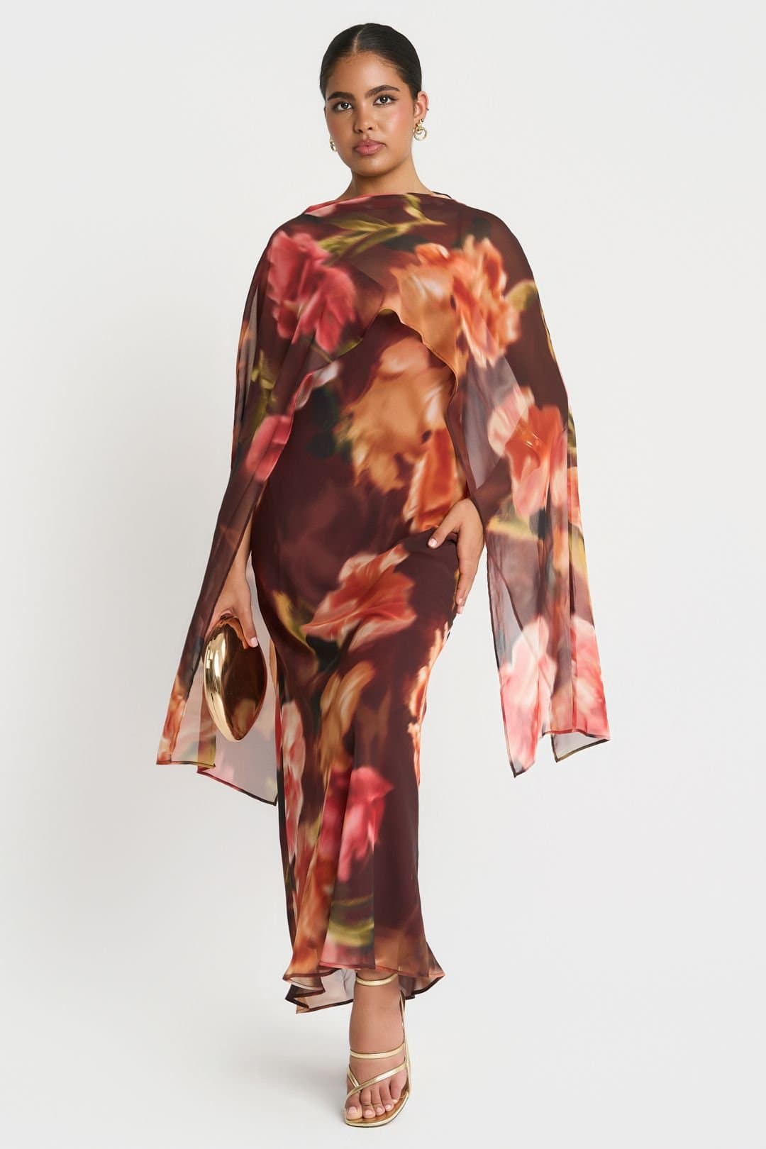 Needs No Label Needs No Label Women's Brown Floral Chiffon Cape Maxi Dress