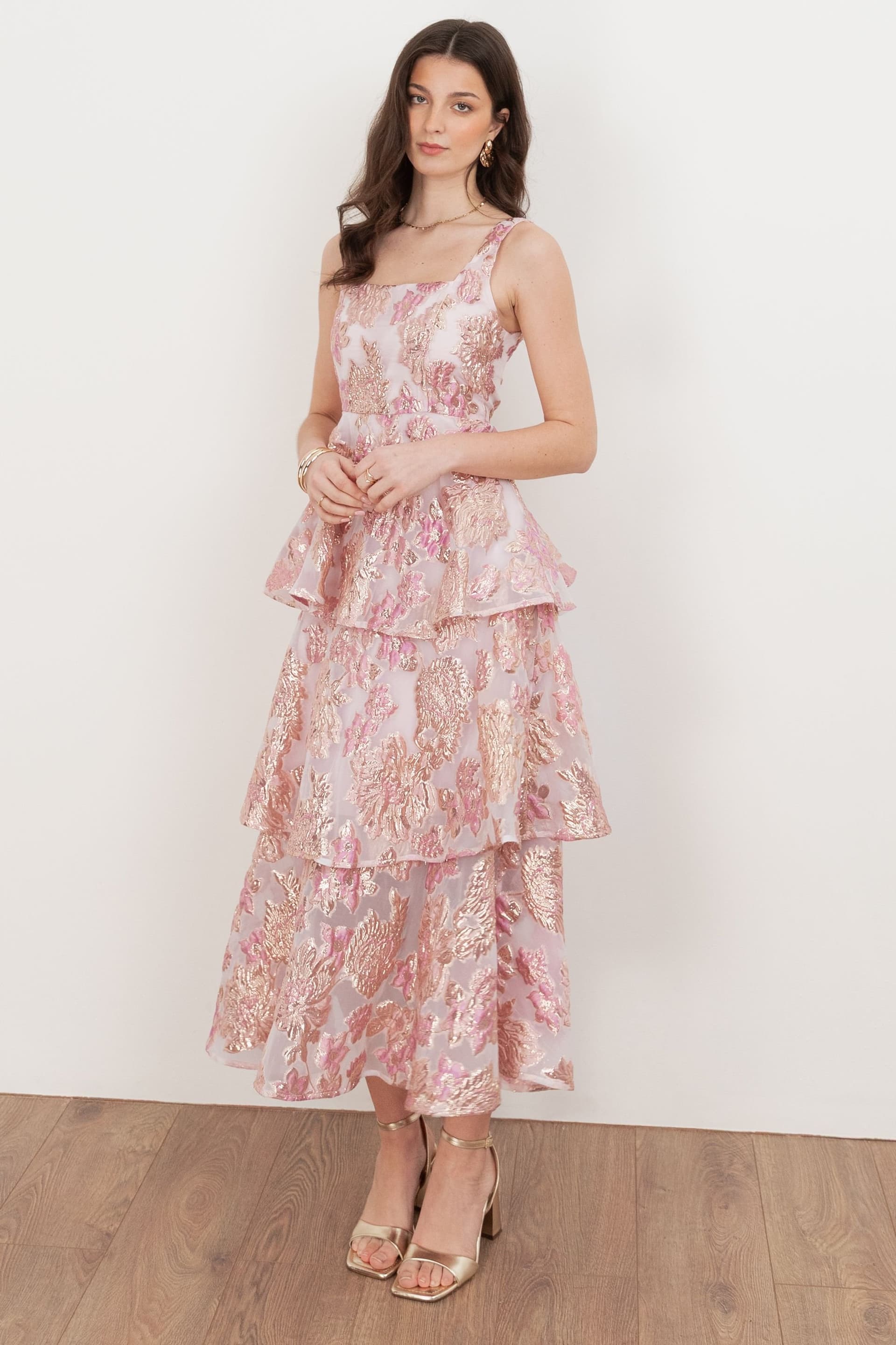 Maya Deluxe Maya Deluxe Women's Floral Jacquard Square Neck Tiered Midi Dress in Lilac