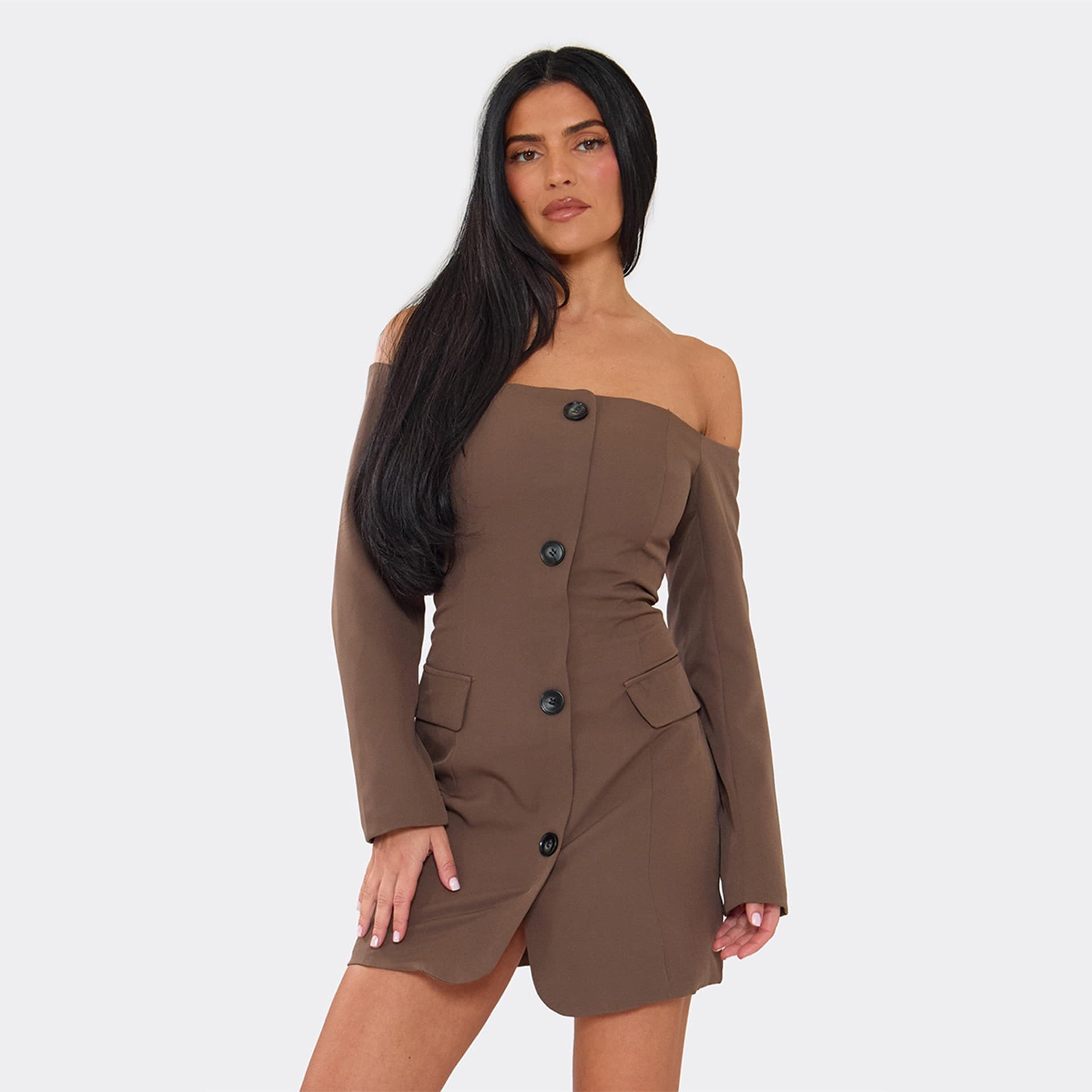 EGO Bardot Button Front Blazer Dress In Chocolate, Women's Size UK 6