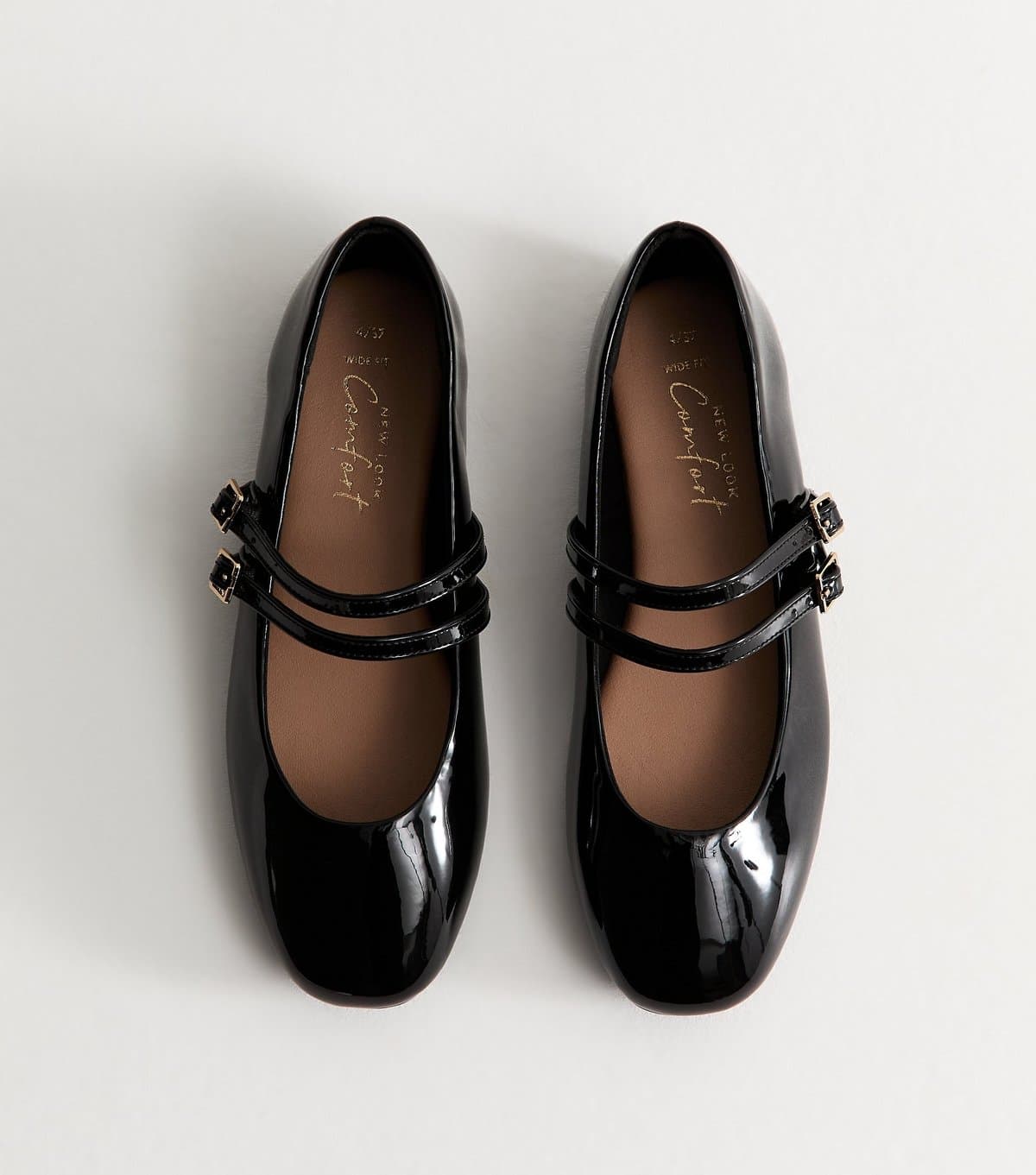 New Look Women's Wide Fit Black Faux Patent Leather Double Strap Mary Jane Sandals Vegan New Look