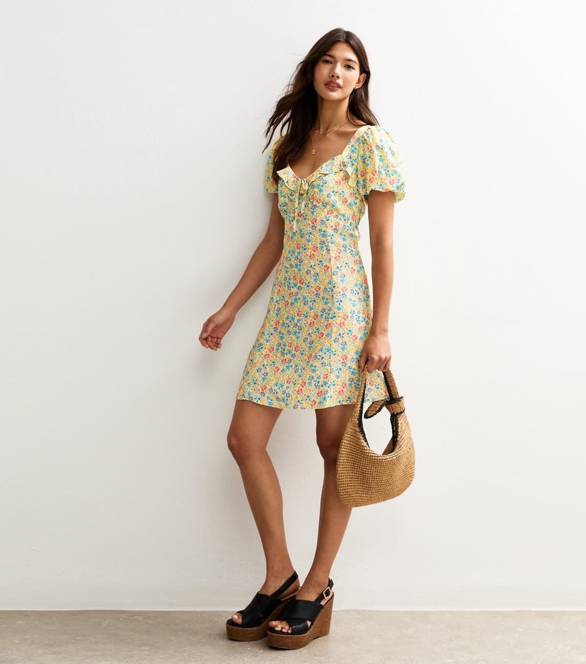 New Look Women's Yellow Floral Print Ruffle Trim Mini Dress New Look