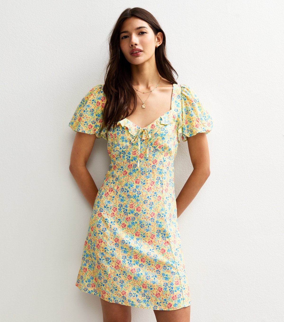 New Look Women's Yellow Floral Print Ruffle Trim Mini Dress New Look - 2