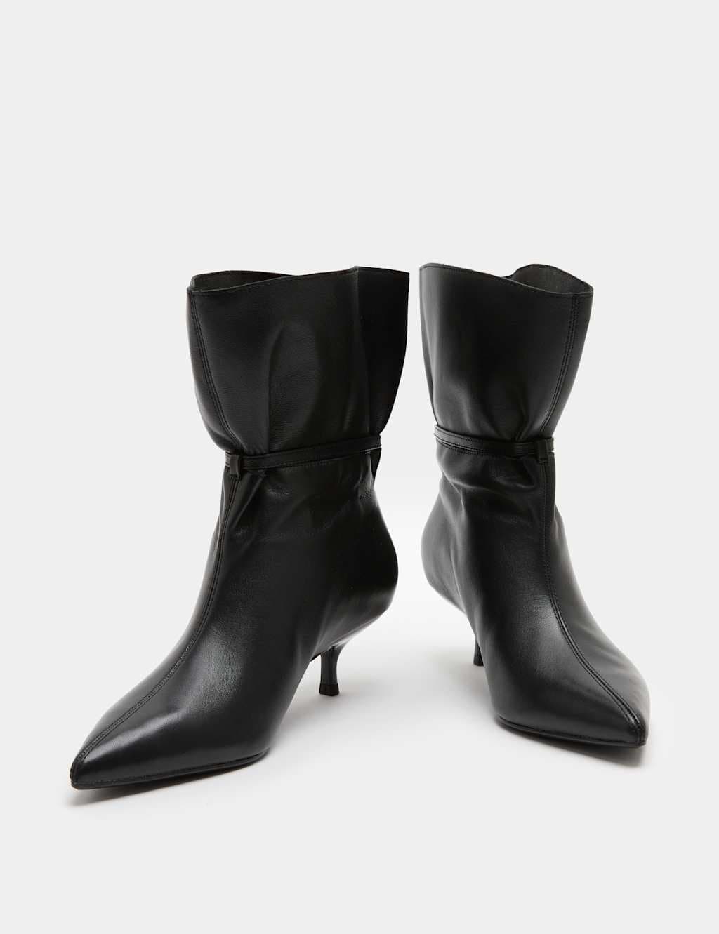 Marks & Spencer M&S Leather Buckle Ruched Kitten Heel Boots Black