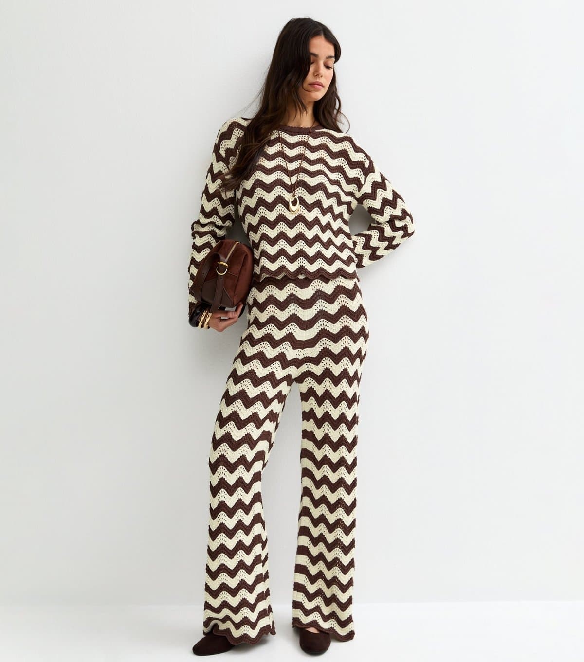 New Look Women's Brown Cotton Rich Wavy Pattern Wide Leg Trousers New Look