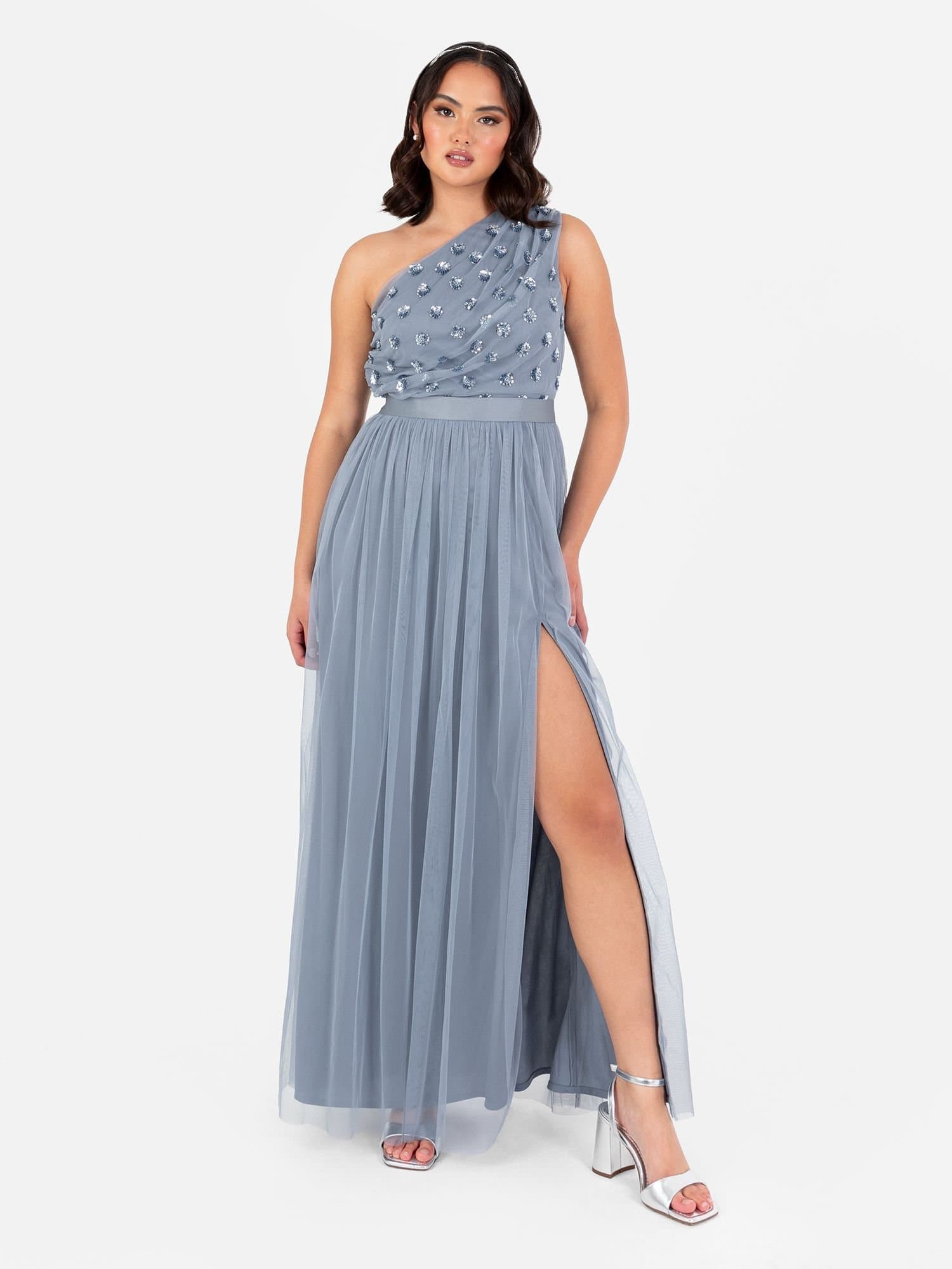 Maya Deluxe Maya Deluxe Women's Embellished One Shoulder Maxi Dress in Blue