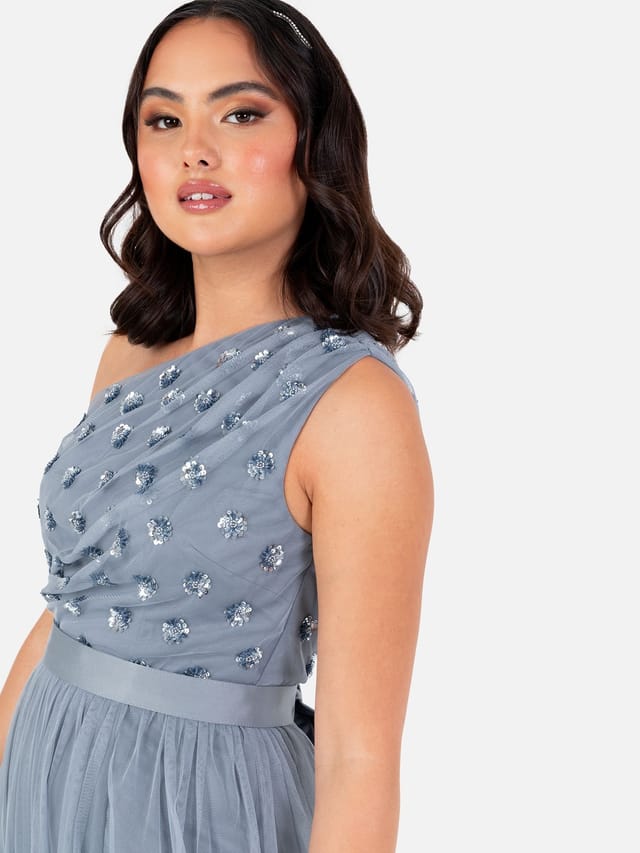 Maya Deluxe Maya Deluxe Women's Embellished One Shoulder Maxi Dress in Blue - 2