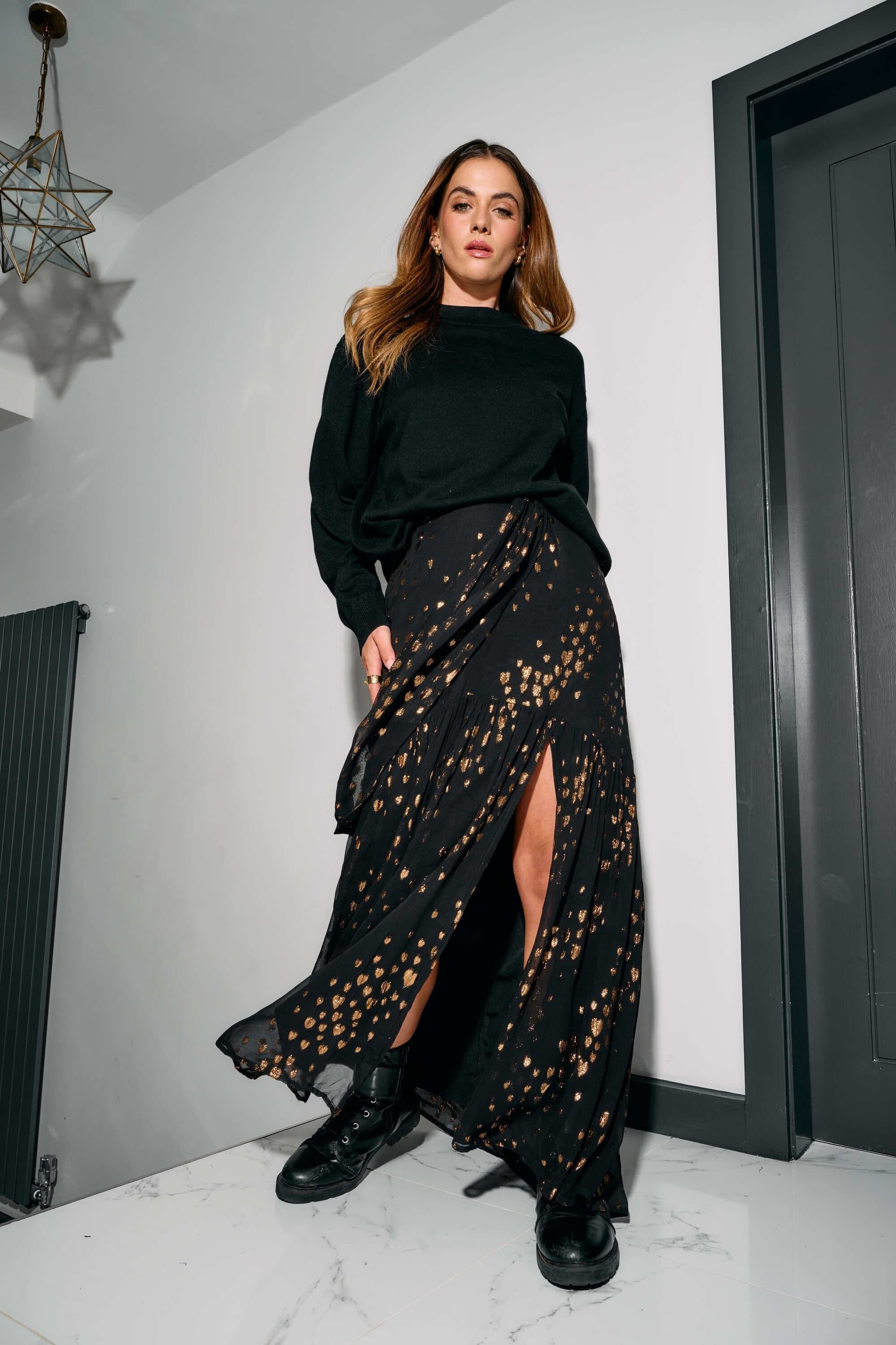 Finding Friday Finding Friday Women's Metallic Jacquard Aline Maxi Skirt With Ruffle Detail in Bronze