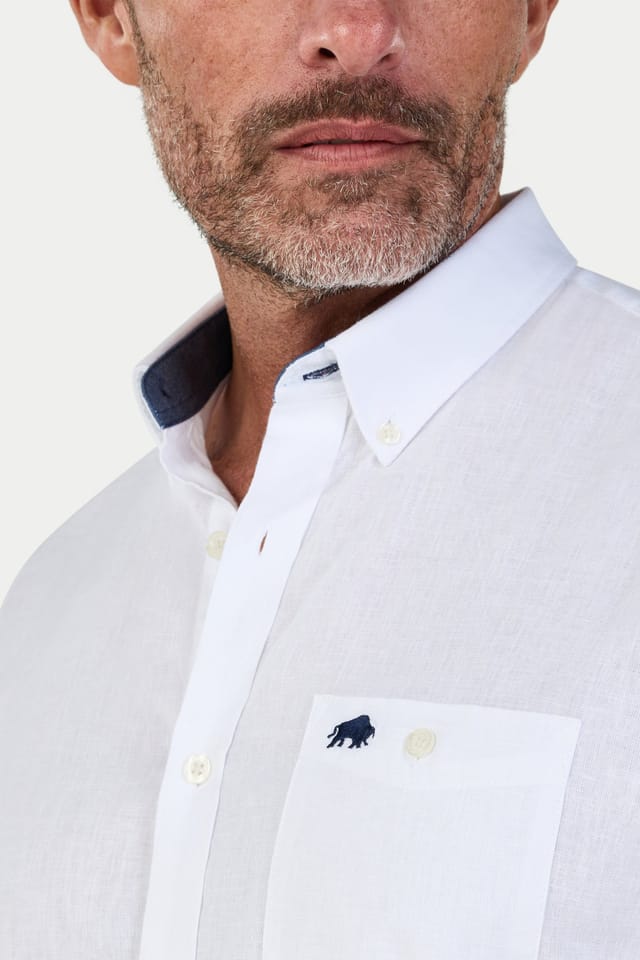 raging bull Raging Bull Men's Short Sleeve Classic Linen Shirt in White - 3