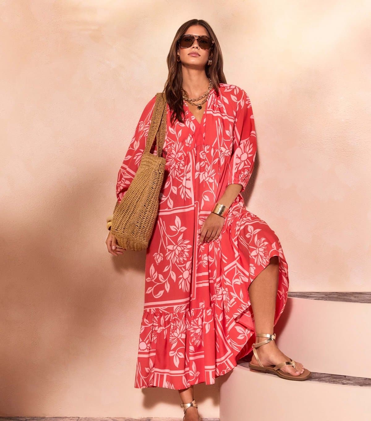 New Look Women's Red and Pink Floral Smock Midi Dress New Look