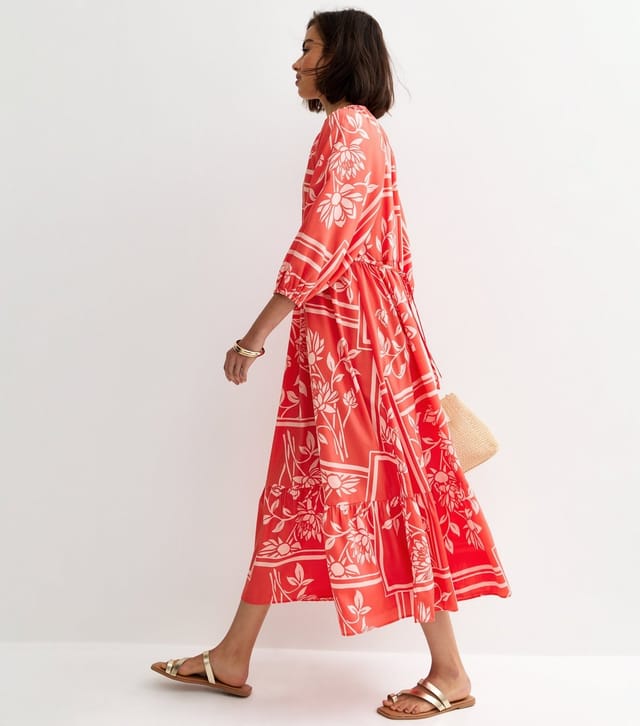 New Look Women's Red and Pink Floral Smock Midi Dress New Look - 3