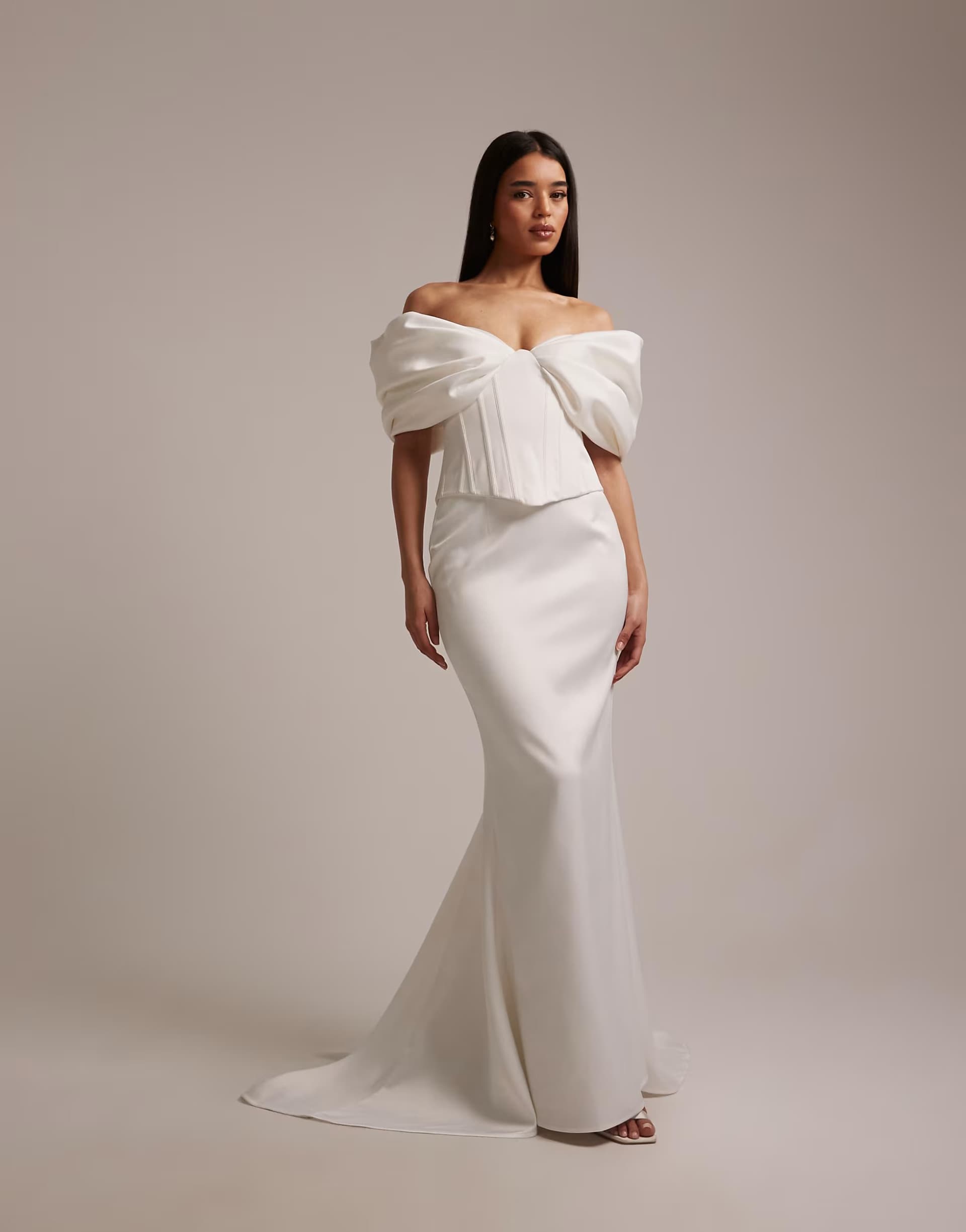 ASOS Wanderdoll Vivienne bridal heavy structured satin fishtail maxi skirt co-ord in white