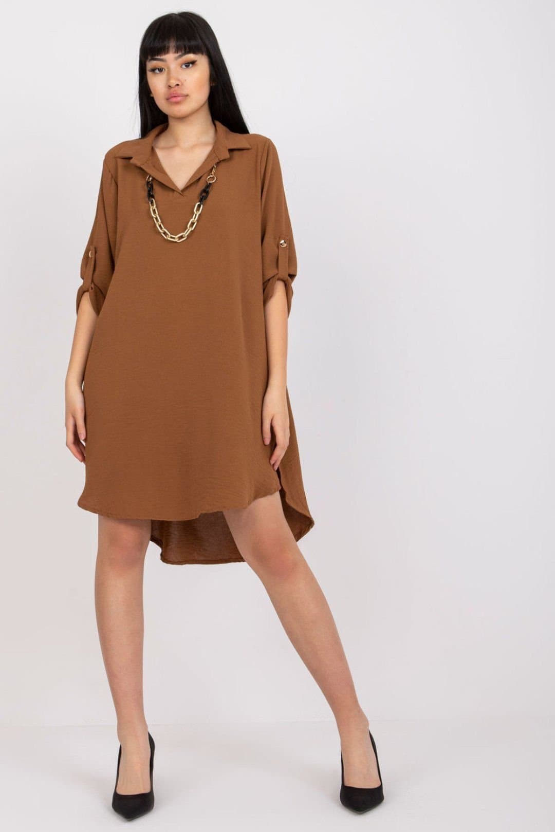 Love Lace Love Lace Women's Asymmetrical Collared Dress with Fold Sleeves in Brown