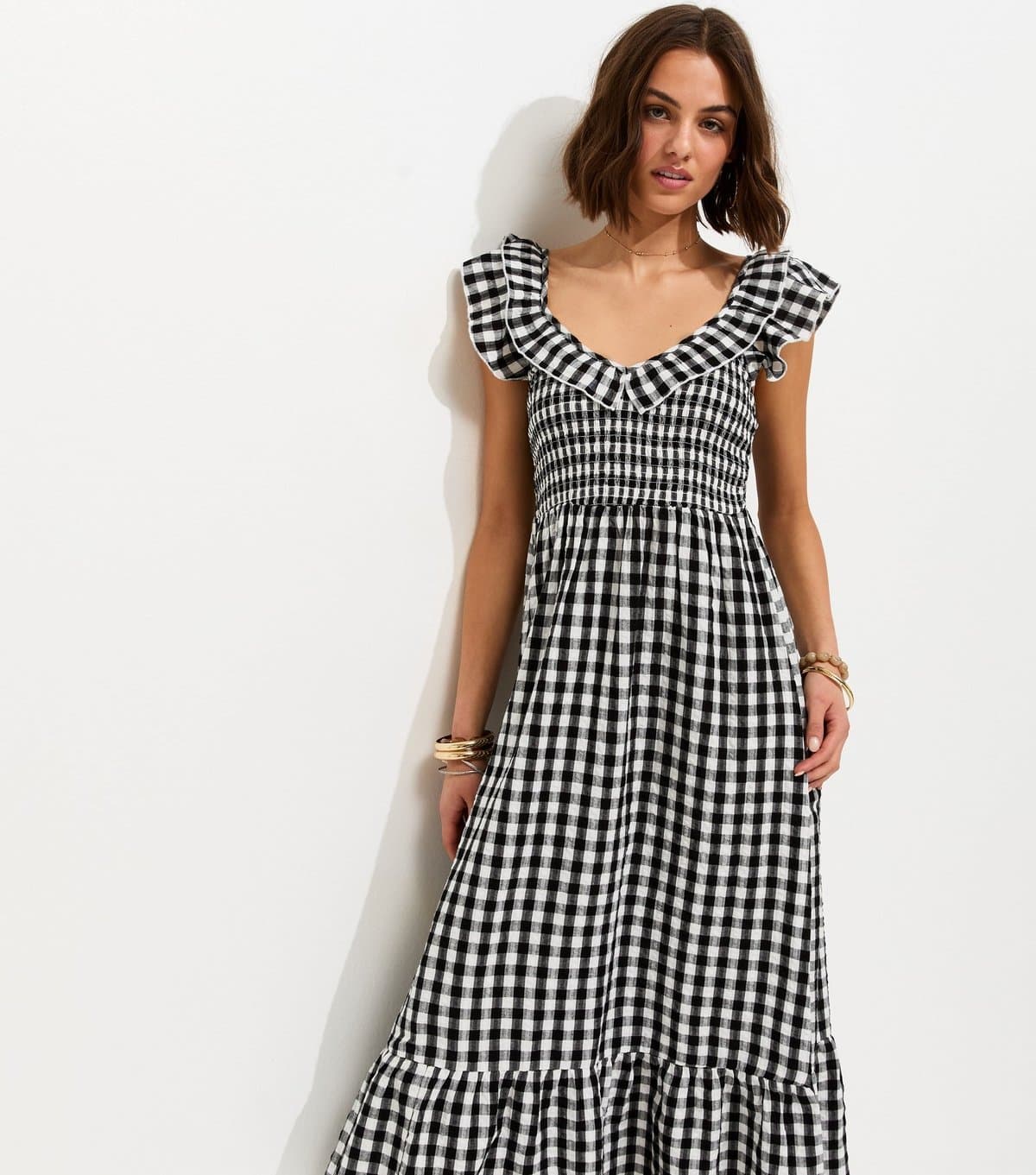 New Look Women's Black Cotton Gingham Ruffled Neck Midi Dress New Look
