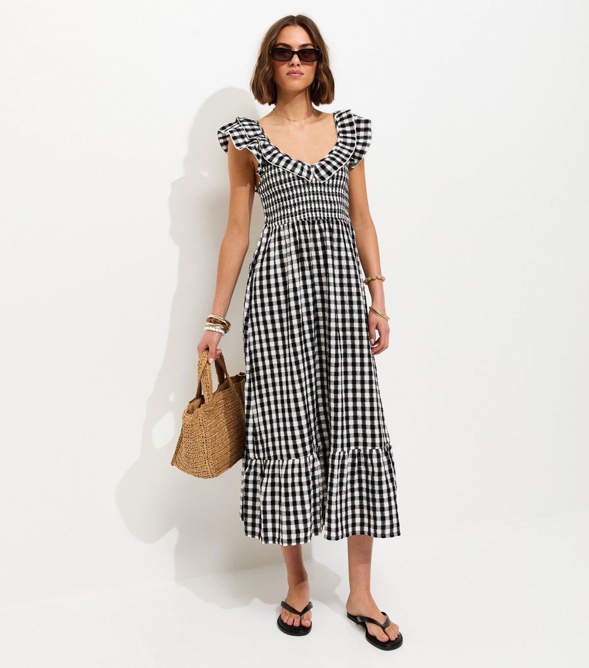 New Look Women's Black Cotton Gingham Ruffled Neck Midi Dress New Look - 3