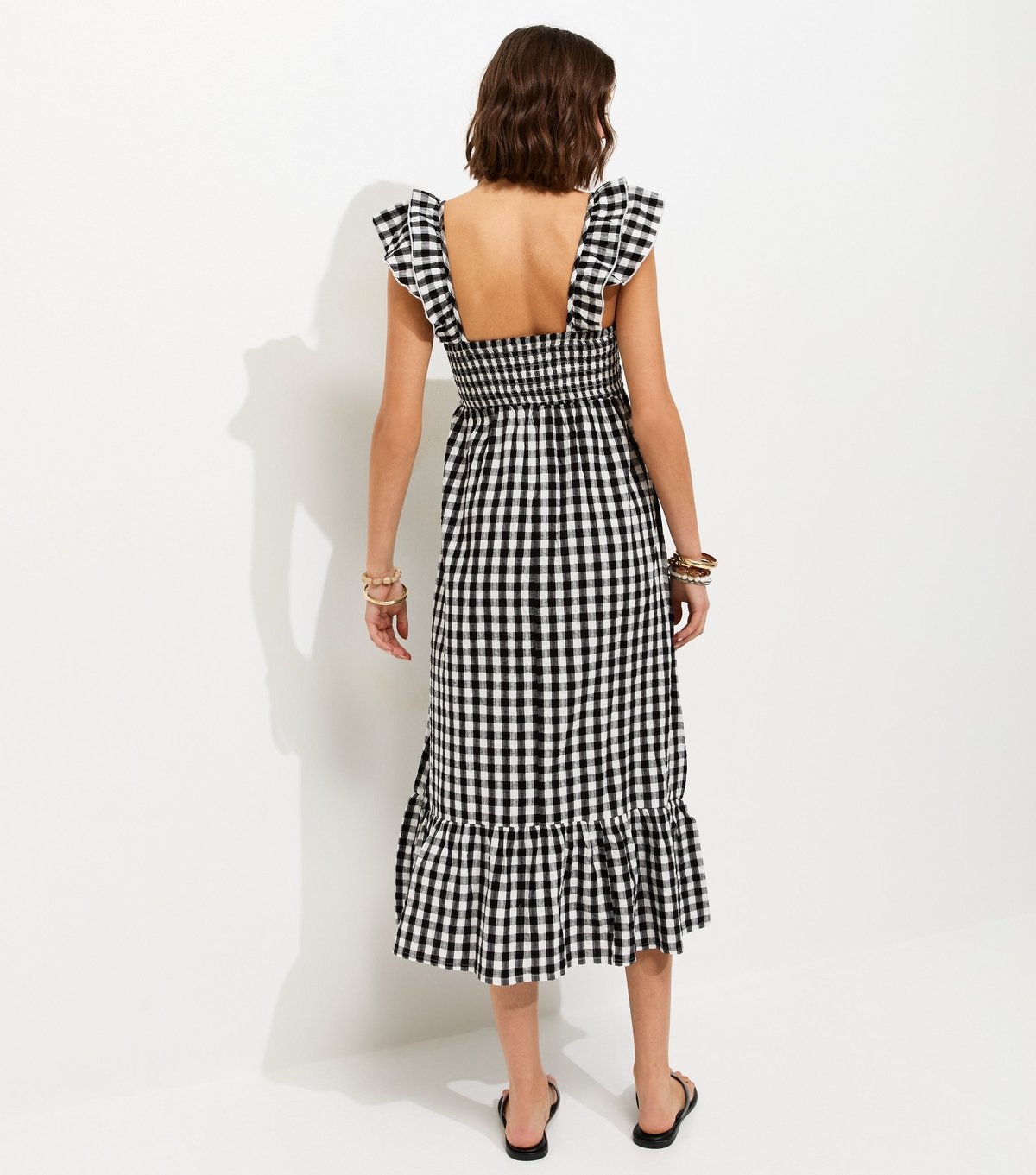New Look Women's Black Cotton Gingham Ruffled Neck Midi Dress New Look - 4