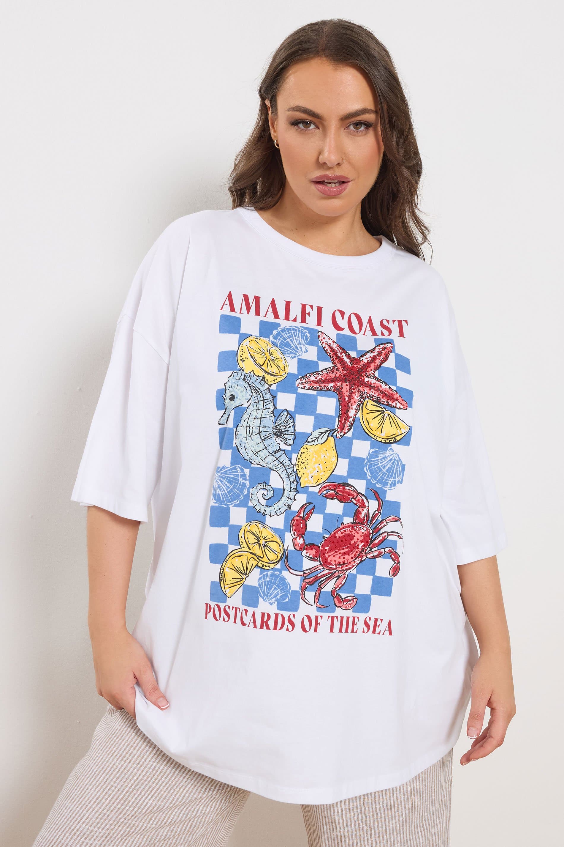 Yours Plus Size White 'Amalfi Coast' Embellished Boxy Tshirt
