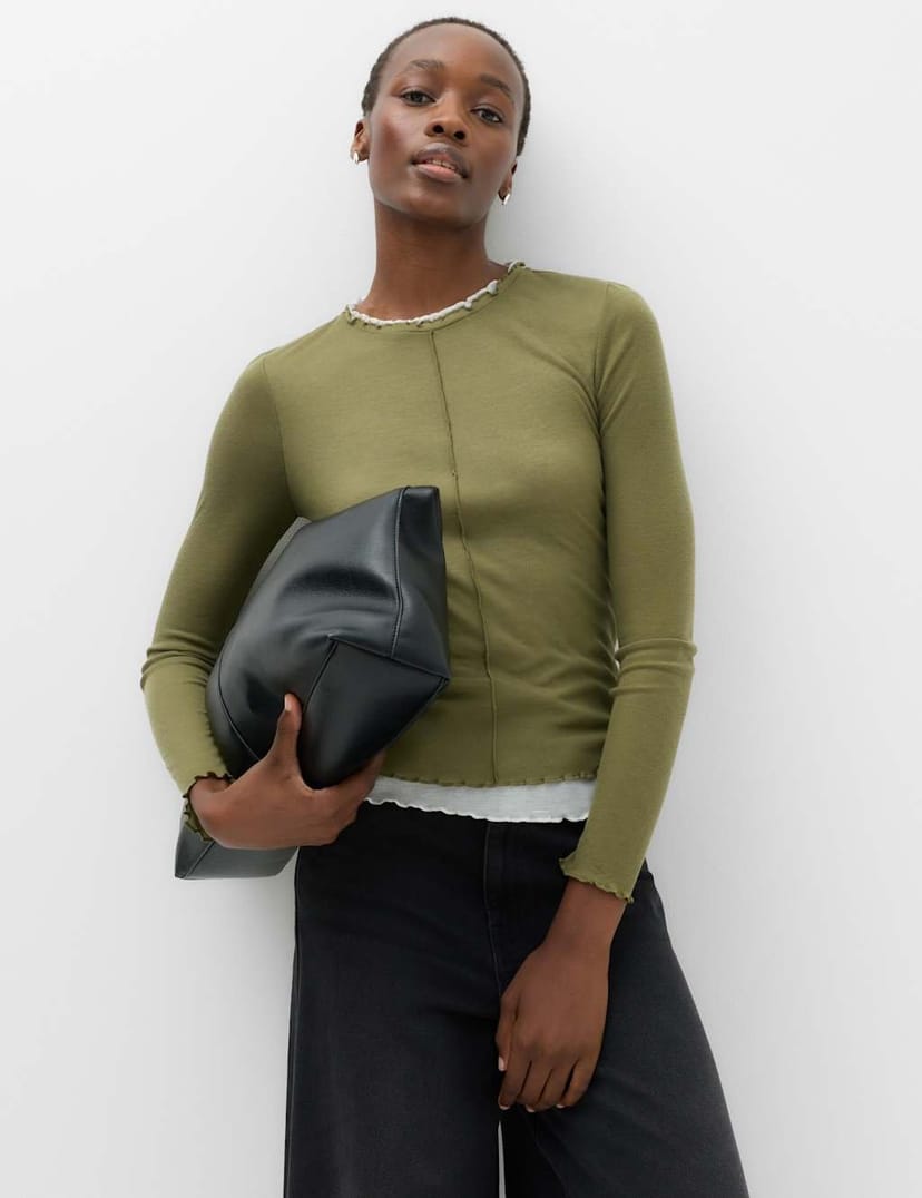 Marks & Spencer M&S Double Layer Lettuce Hem Top Khaki Mix - 1