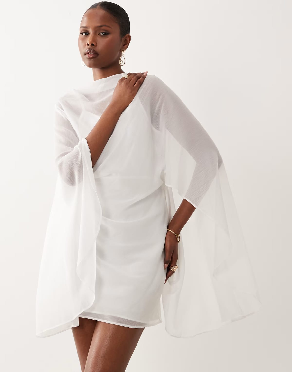 ASOS ASOS DESIGN high neck drape front extreme cape sleeve mini dress in ivory - 1