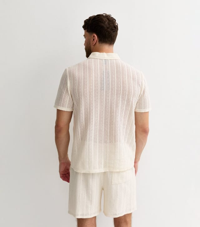New Look Men's Off White Crochet Polo Shirt New Look - 3