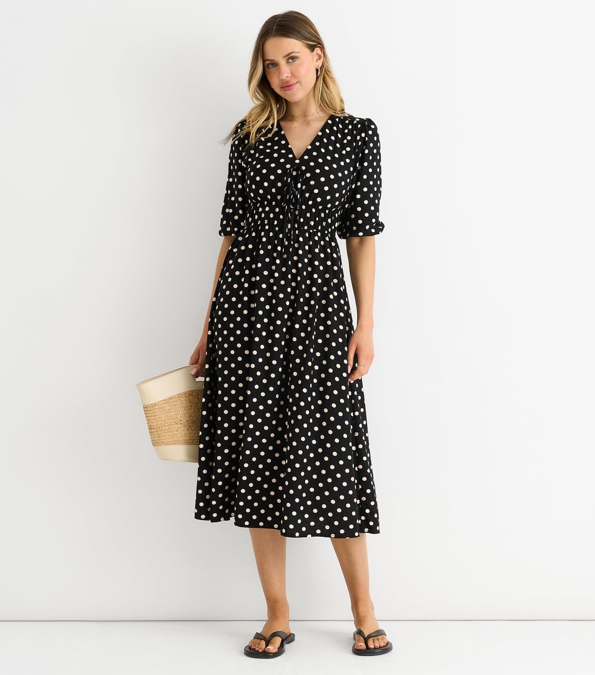 Gini London Women's Black Polka Dot Tie Neck Midi Dress Gini London New Look