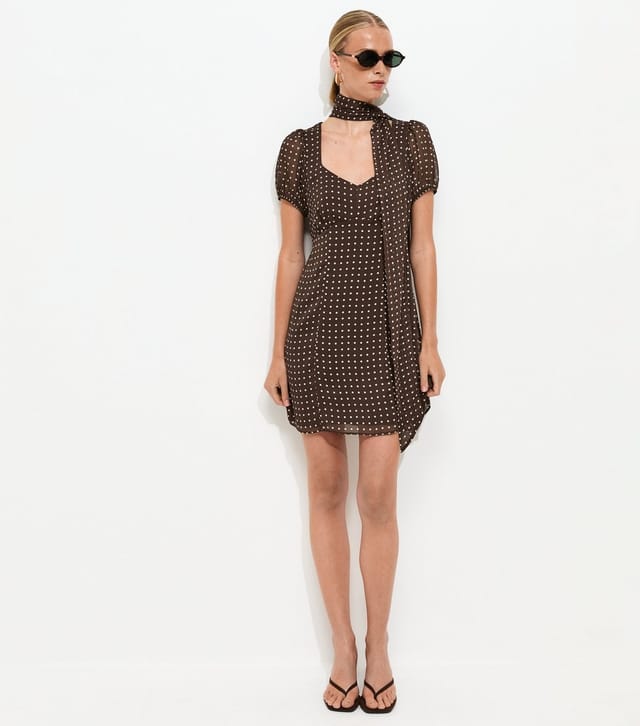 New Look Women's Brown Chiffon Polka Dot Mini Dress with Scarf New Look - 3