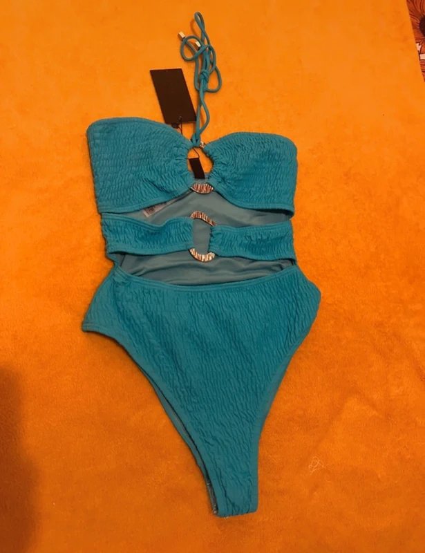 South Beach South Beach crinkle ring front cut out halter swimsuit in blue - 1